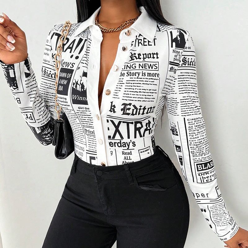 Printed Slim Fit Blouse with Long Sleeves and Single Button