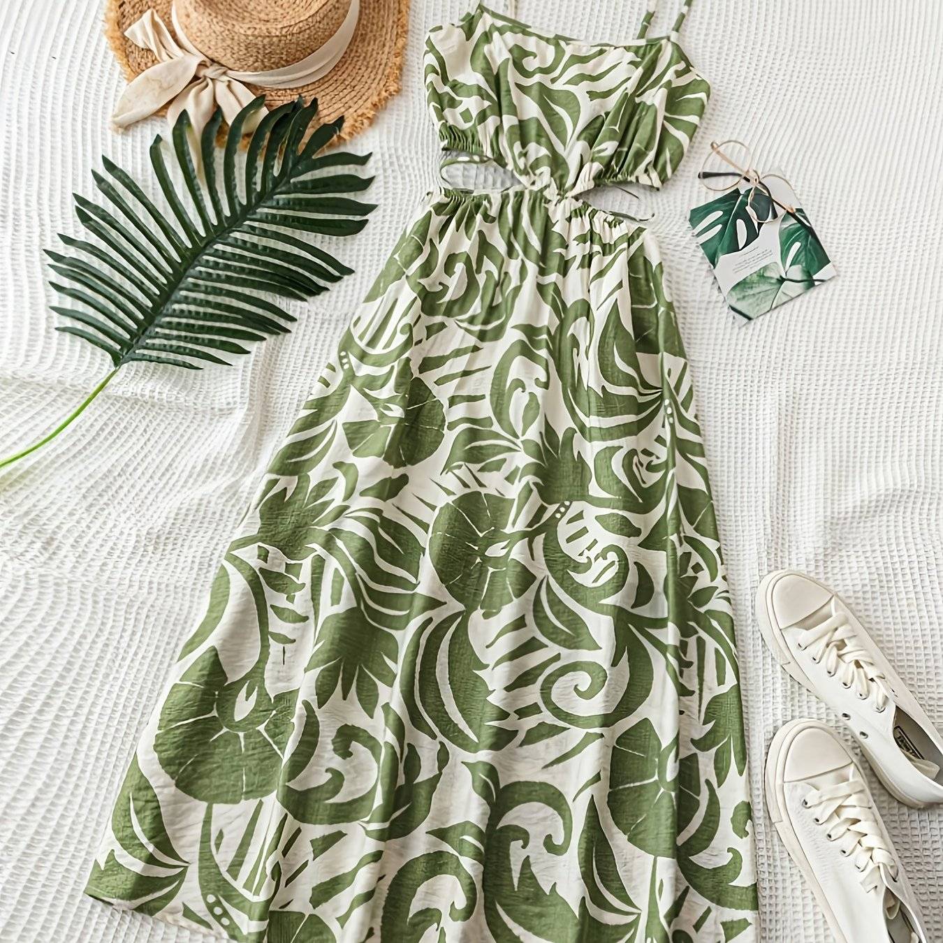 Women’s Elegant Vacation Dress – Strapless Square Neck Sleeveless A-Line Maxi Dress with Floral Print, Loose Fit
