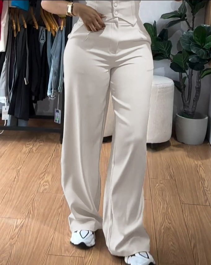 Women’s Two-Piece Vest Suit Apricot Spaghetti Strap Crop Top with High Waist Wide Leg Trousers