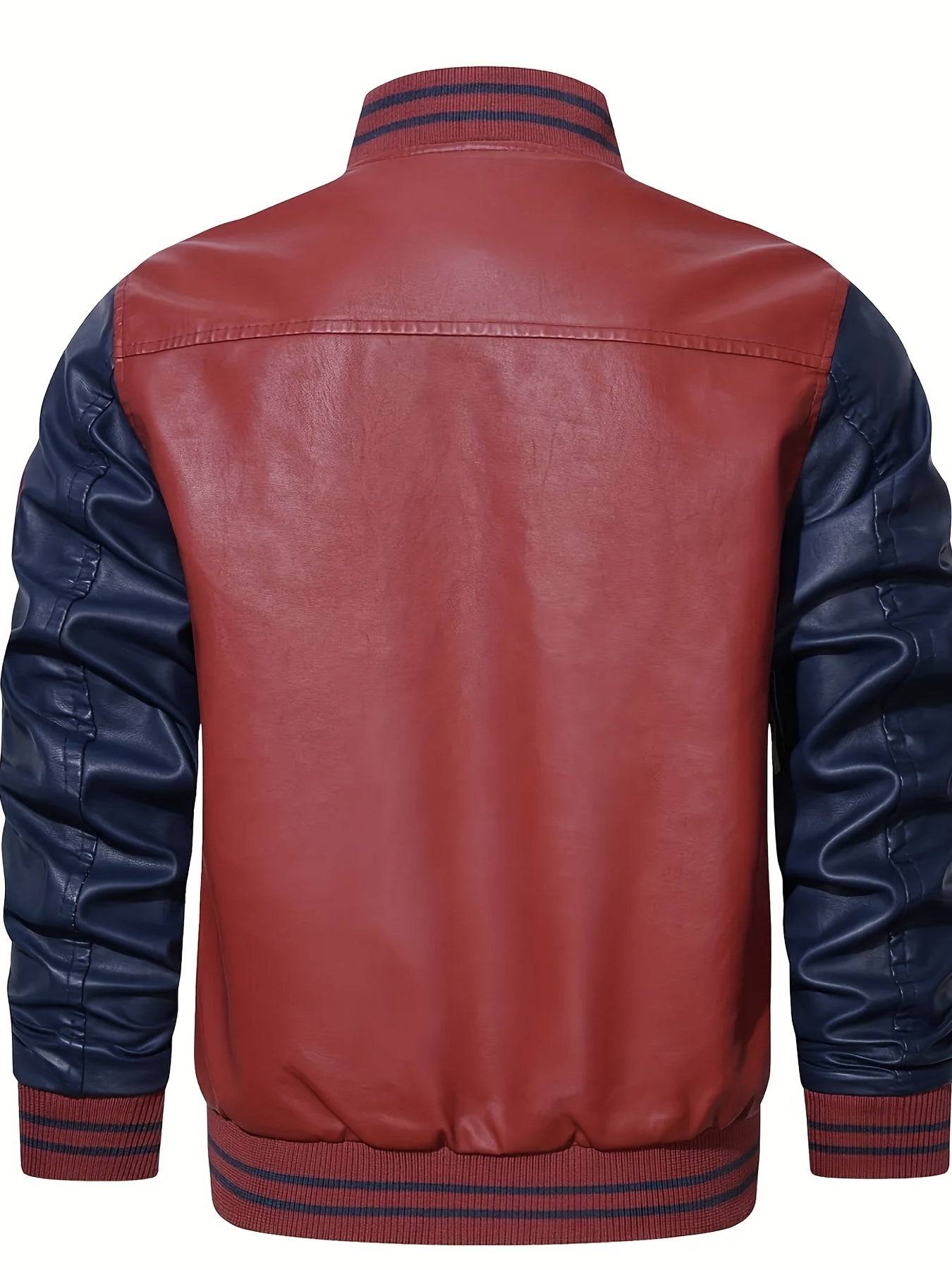 Plus Size Men’s PU Baseball Jacket with Letter “R” Print, Oversized Punk Raglan Design for Big & Tall, Spring & Autumn Wear