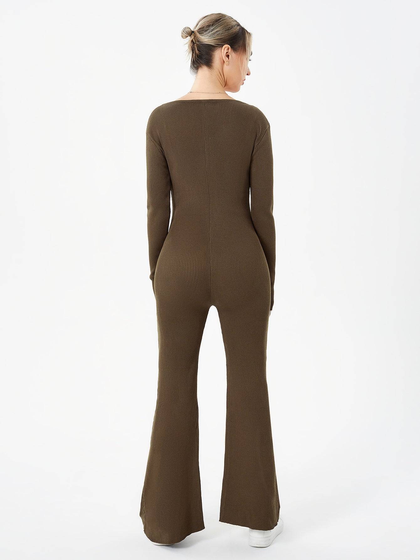 Women Jumpsuit Two Piece Zipper Top Flared Trousers Set