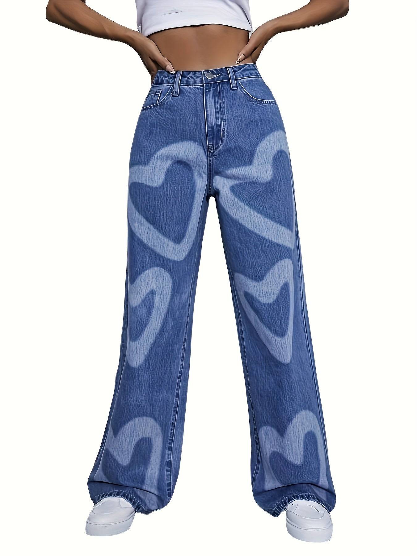 Women’s High-Waisted Wide-Leg Jeans Light Blue Denim with Heart Print Casual Loose Fit