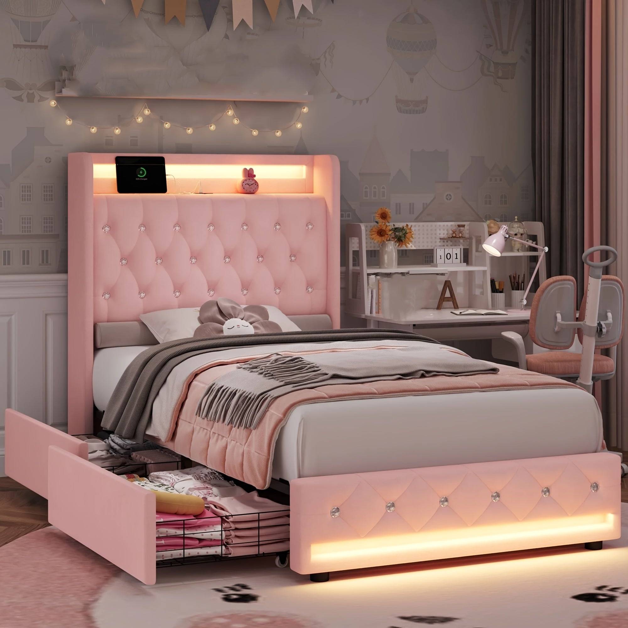 FULTRU Bed Frame with 4 Storage Drawers, LED Velvet Platform with USB Ports and Tufted Wingback Headboard