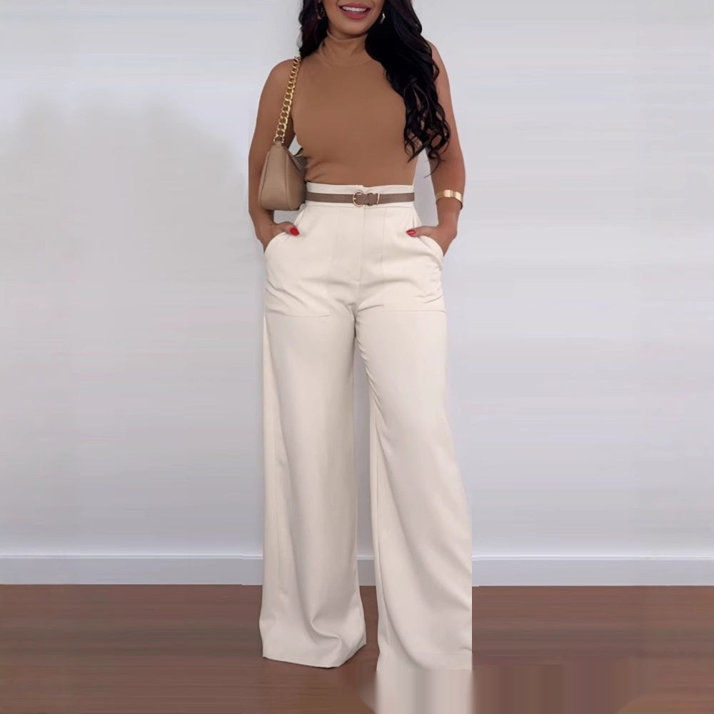 Women’s Solid Color Flared Pants Casual Polyester High Waist Versatile Commuting Style in Apricot or Black
