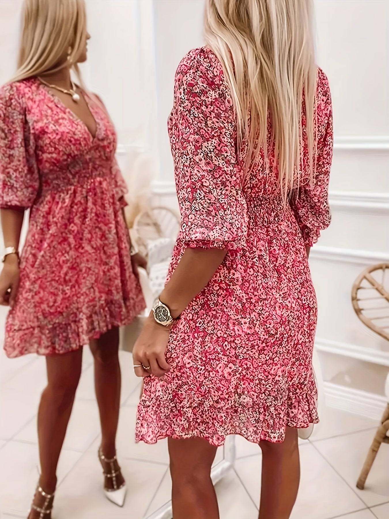 Floral V Neck Dress with Ruffle Sleeves