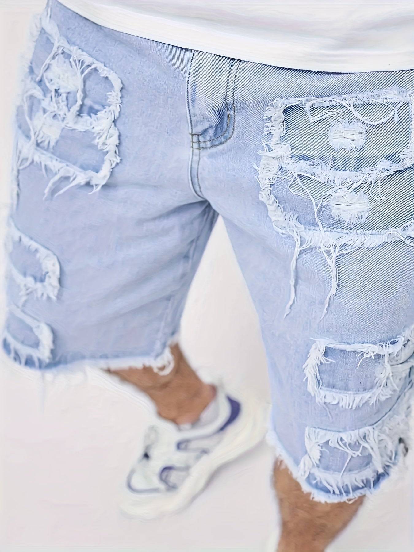 Men’s Summer Denim Shorts Distressed Ripped Design with Raw Hem Cotton Blend, Machine Washable
