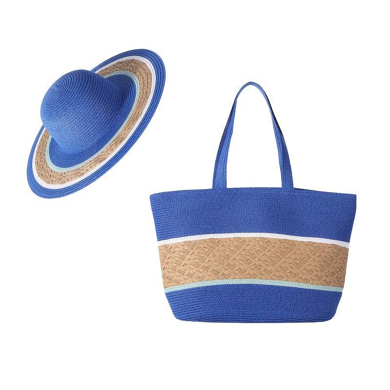 Blue and tan 2pcs Summer Travel Set with wide brim straw hat and large beach bag, featuring woven texture and vacation style.