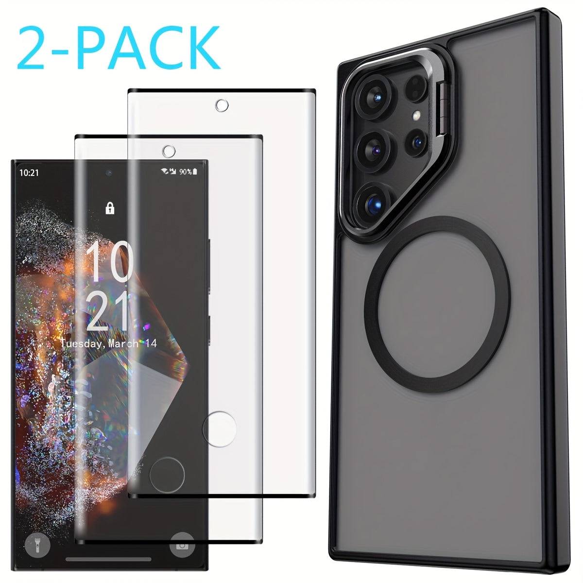 Magnetic Clear Case for Samsung Galaxy S24/S24+/S24 Ultra/FE, Shockproof Slim Bumper Cover with Kickstand and 2 Tempered Glass Protectors
