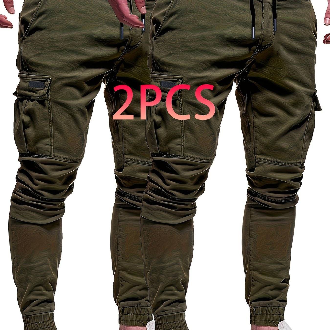 Men’s Cotton Joggers 2-Pack – Elastic Waist, Side Pockets, Solid Color for Spring/Autumn