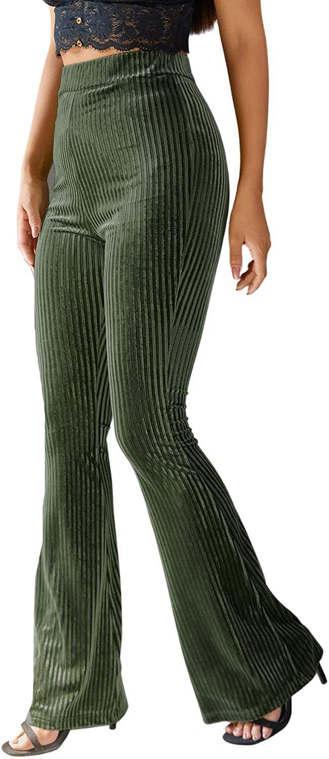 Women’s High Waist Flare Pants Gold Velvet Ribbed Striped Solid Color Slim Fit Trousers