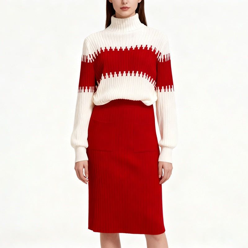 Two Piece Set Knit Color Block Sweater Skirt Winter Formal