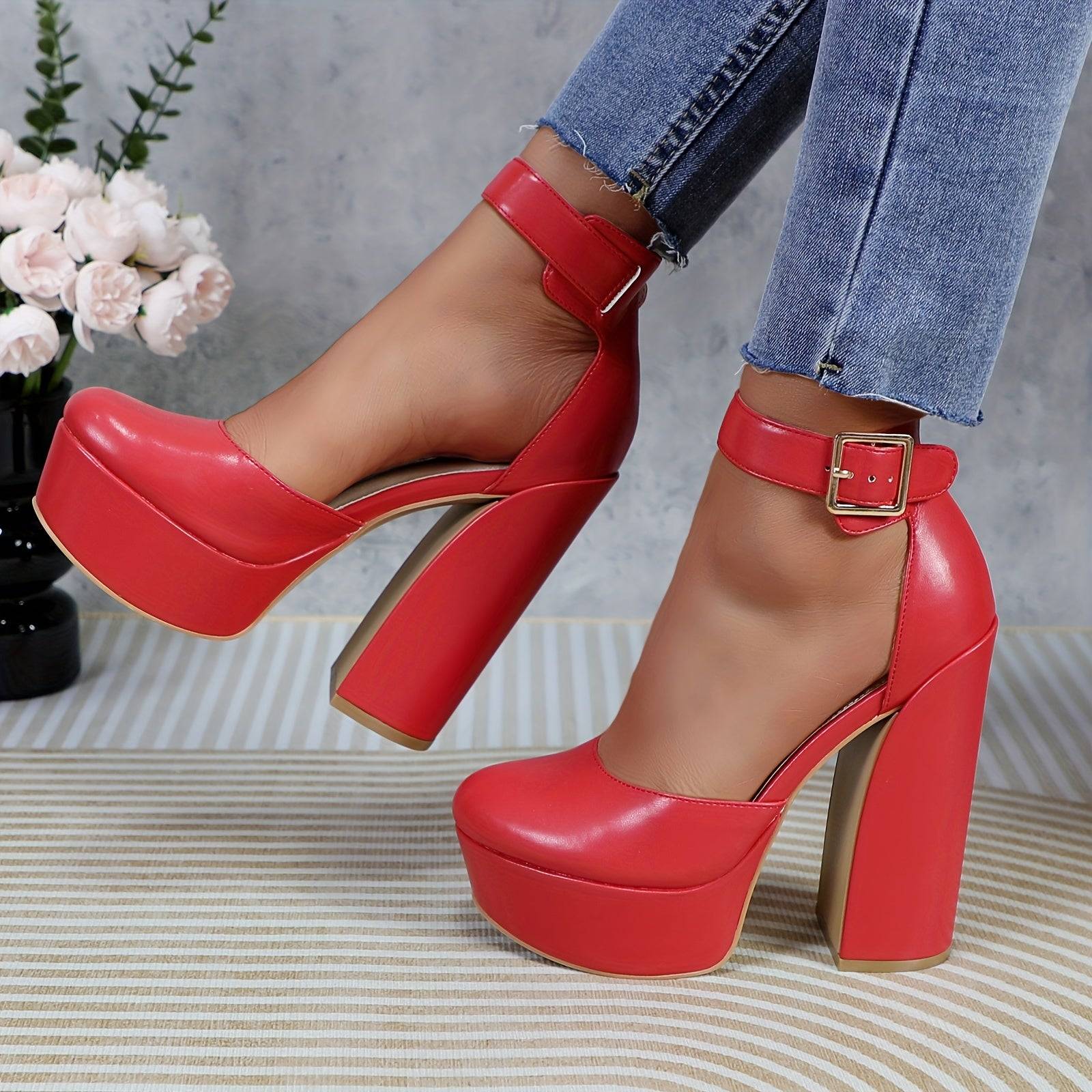 Women's Pink Platform Mary Jane Pumps, Chunky Block Heel with Adjustable Strap, Closed Toe PU High Heels for Parties and Weddings