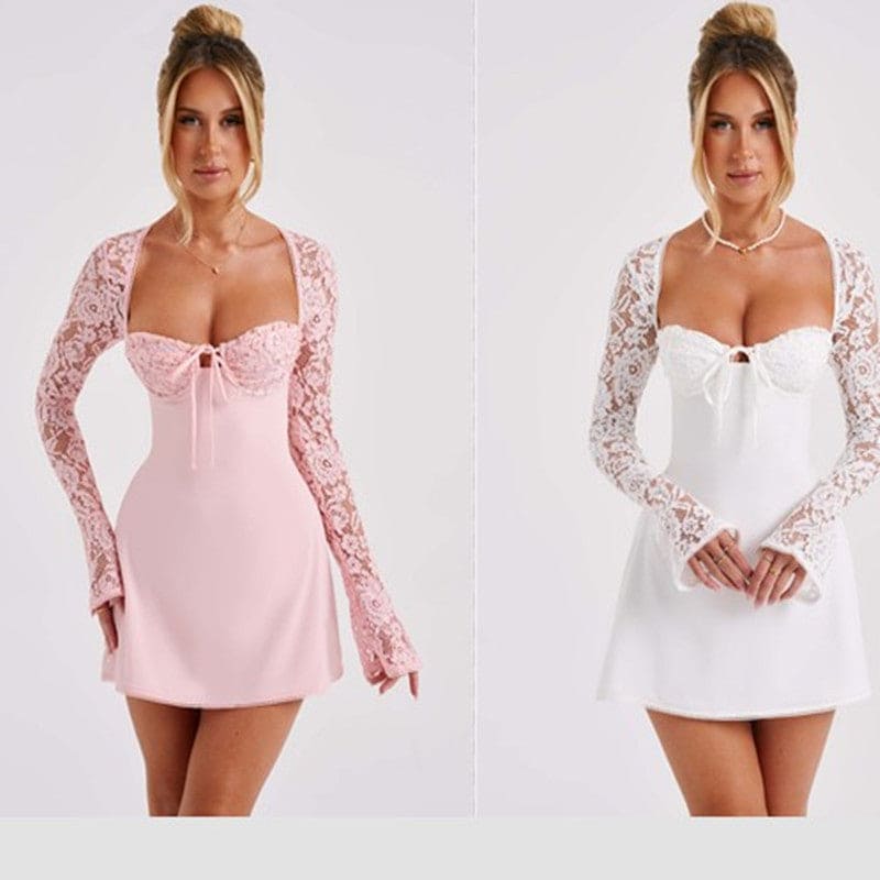 Fashion Corset Lace Long Sleeve Dress Sexy Backless Lace Up Short Dresses Womens Clothing - PMMNAPOLES