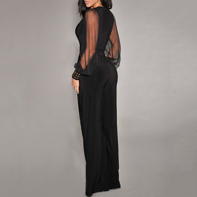 Mesh V Neck Jumpsuit with Wide Leg Silhouette