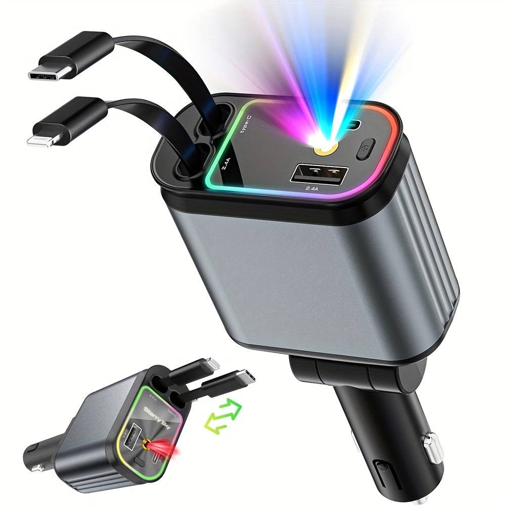 4-in-1 Super Fast Retractable Car Charger with Star Projector Night Light & Atmosphere Lighting for iPhone 15–11 & Android