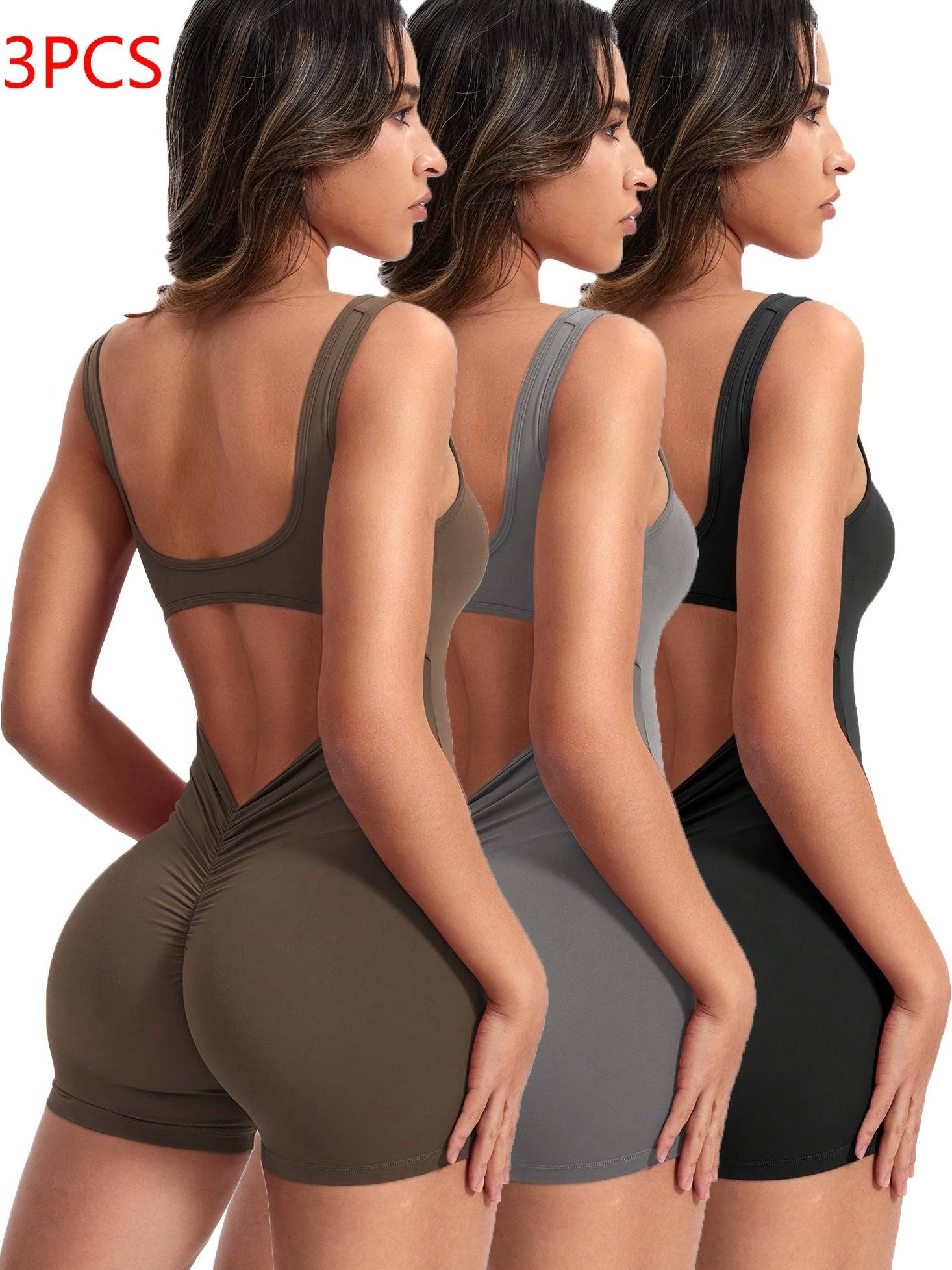 3pcs Women’s Seamless Fitness Bodysuit – Backless with Hip Lift, Tummy Control & V-Back Ruched Shorts for Gym & Running