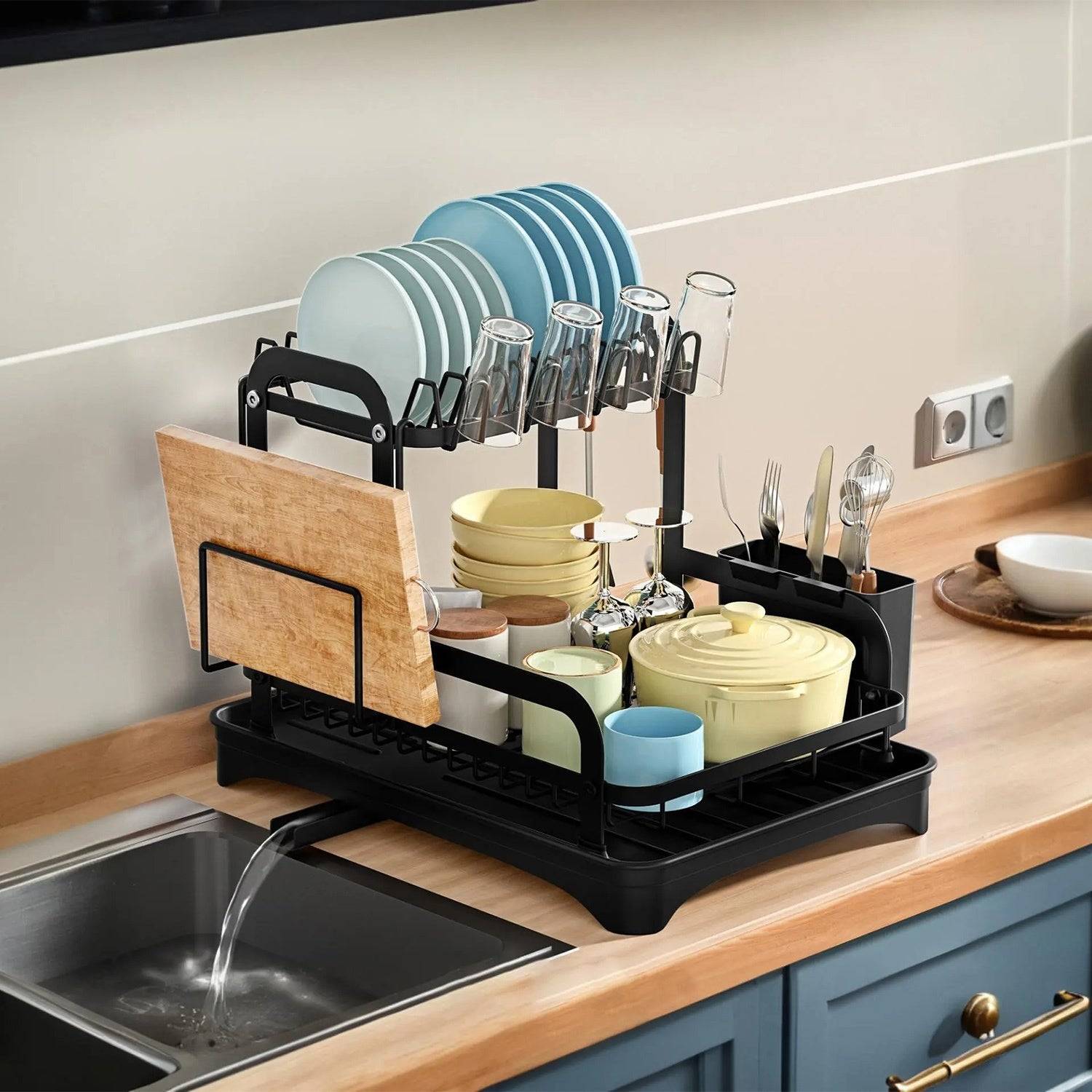 Space Saving 2 Tier Dish Drying Rack with Drain