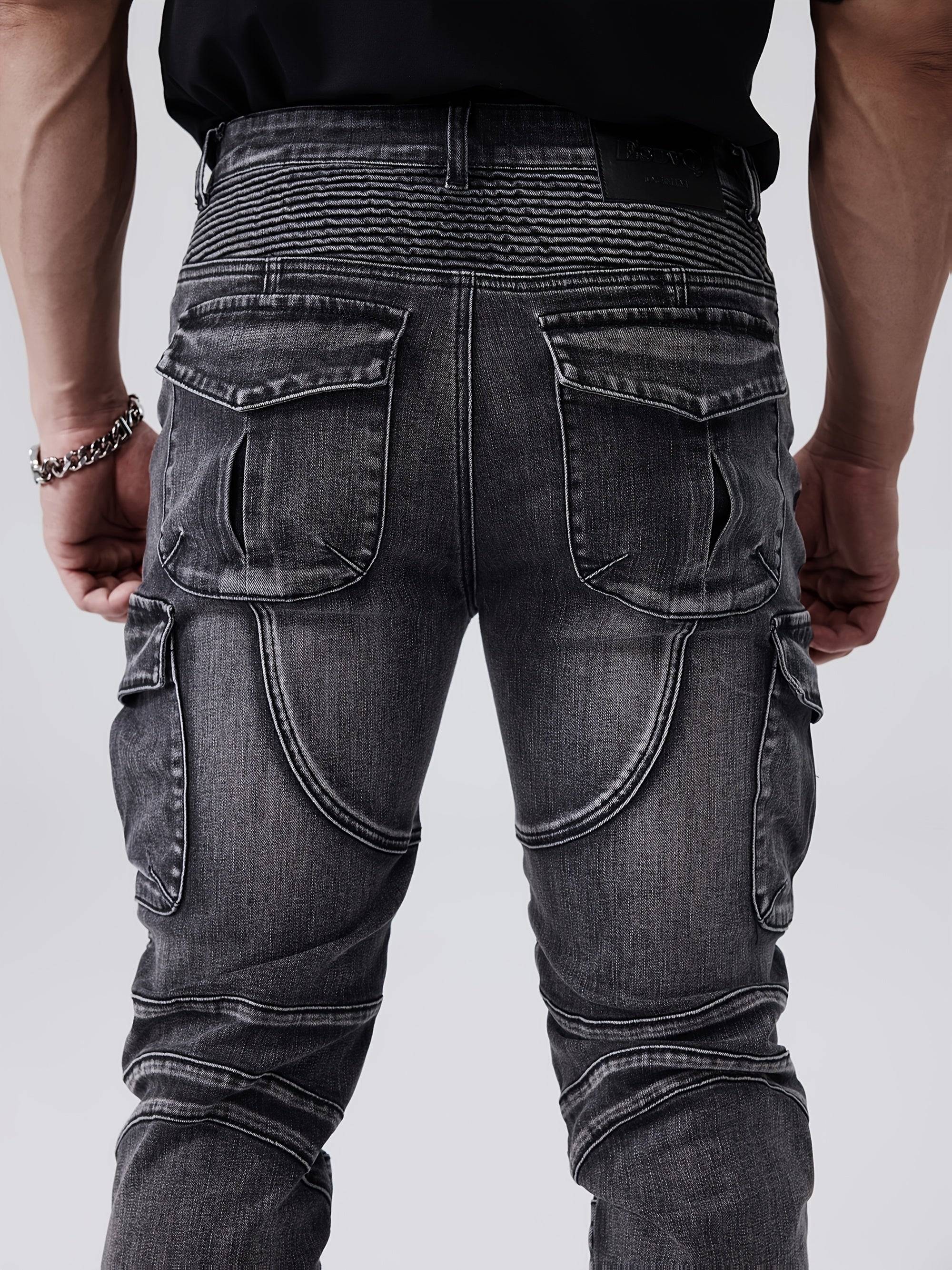 Men’s Slim Fit Stretch Jeans Straight-Leg Multi-Pocket Streetwear with Decorative Stitching
