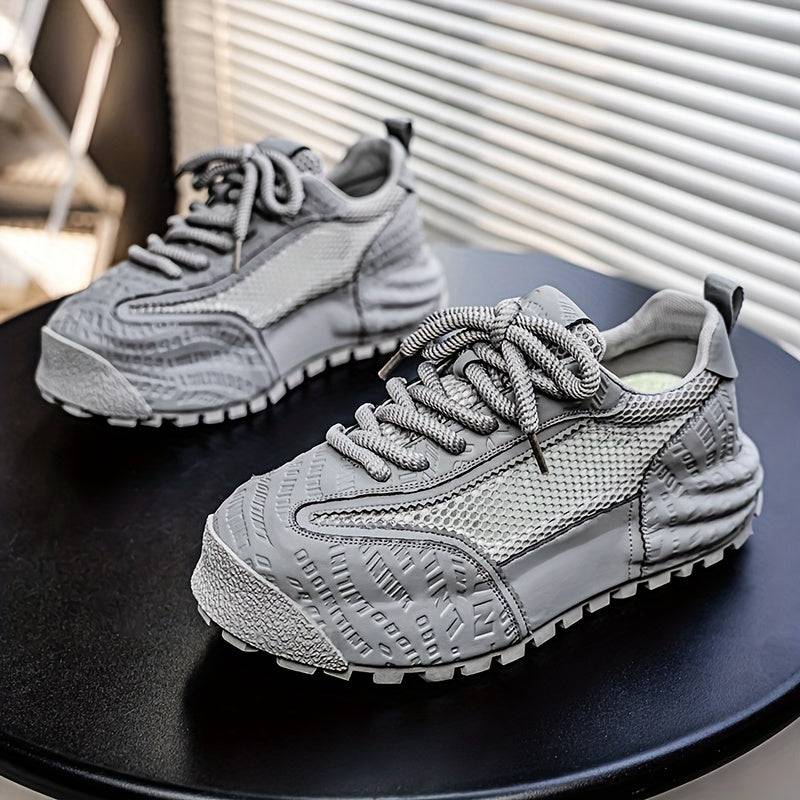 Men's plus size mesh sneakers with lace-up, mid-top, thick non-slip rubber sole, durable PU upper and cushioning, all-season comfort.