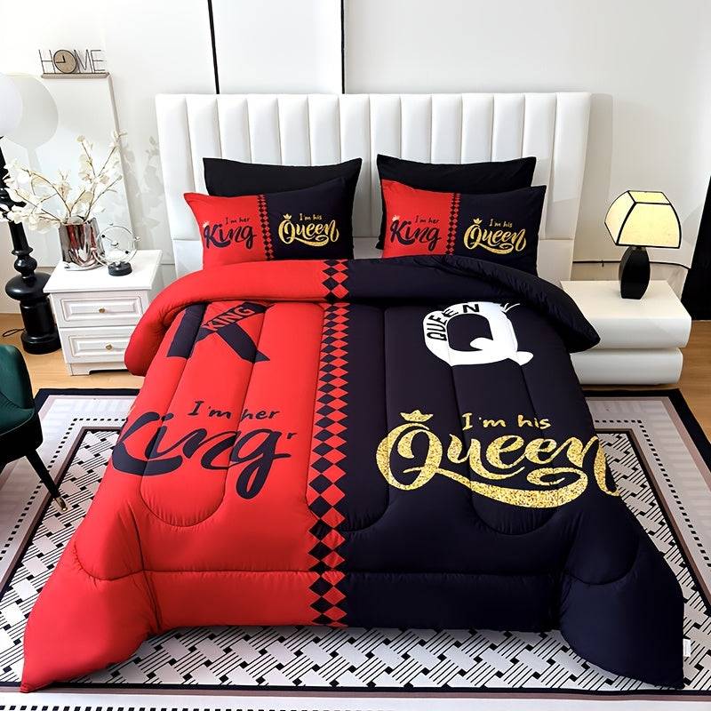Crown Letter Quilt Set 3-Piece – Black & Grey Color Block Comforter with Pillowcases, 180gsm Padded