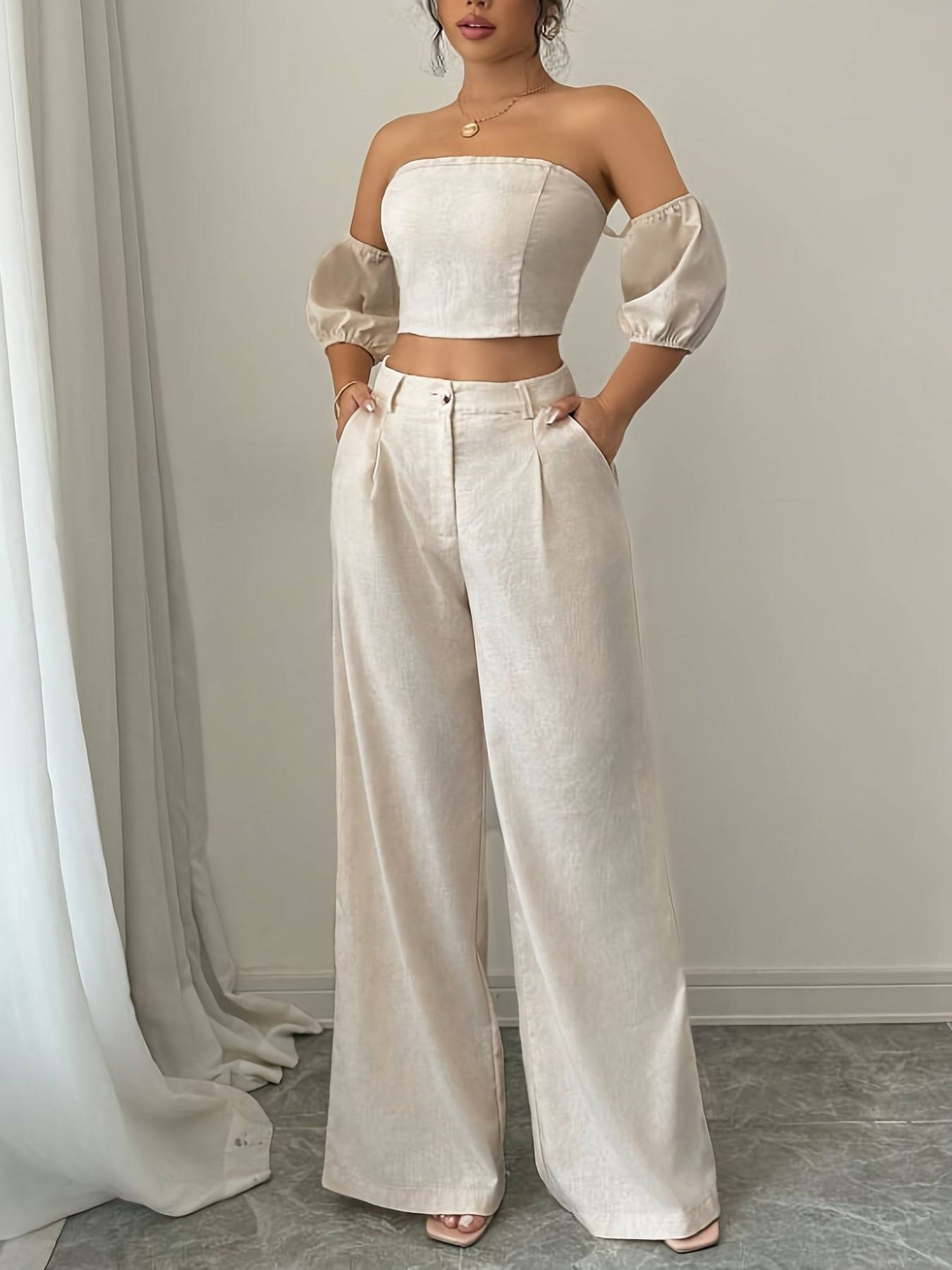 2-Piece Women’s Outfit Set – Solid Color Top and Casual Trousers Suit for Daily Wear & Versatile Fashion