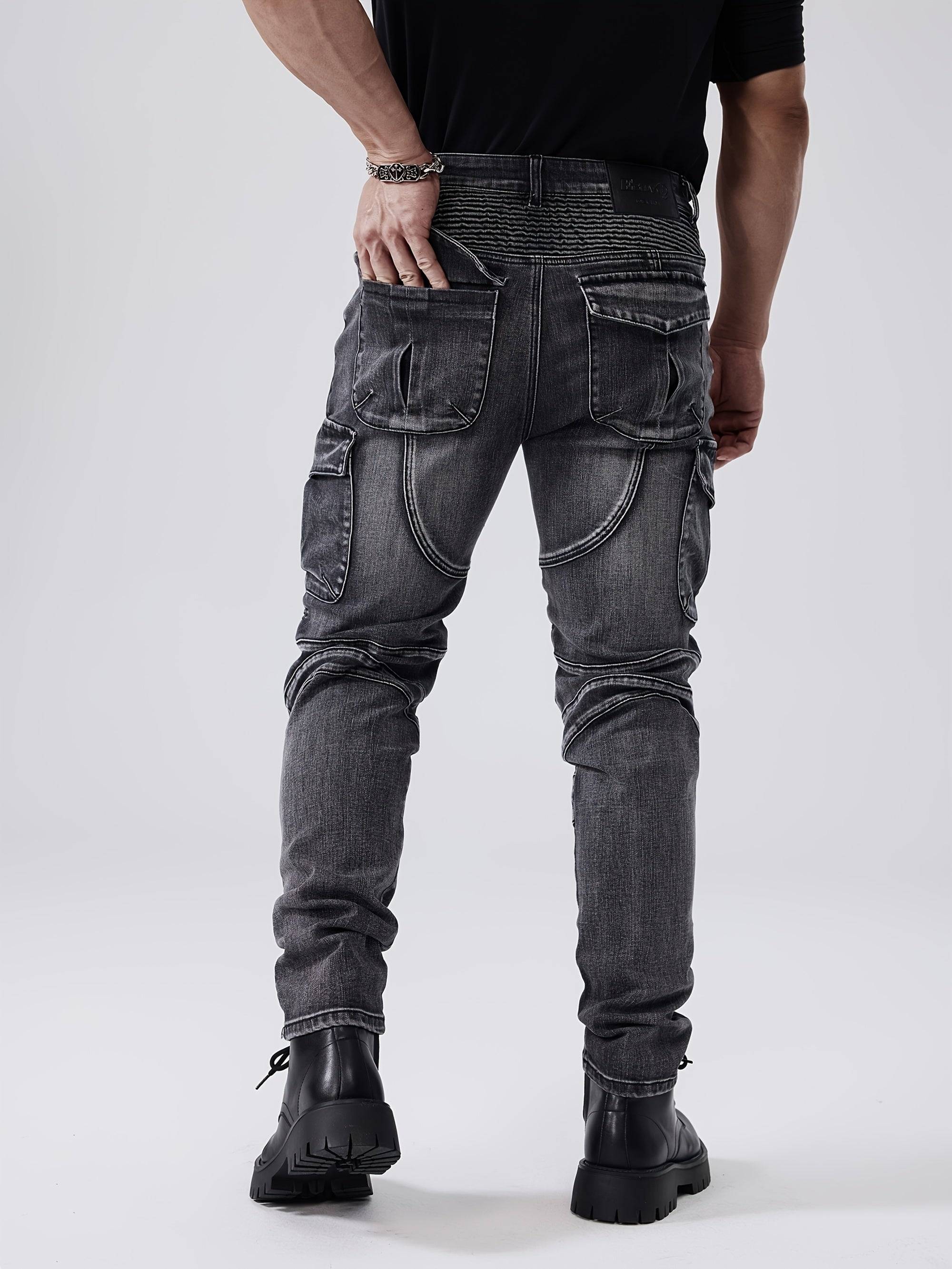 Men’s Slim Fit Stretch Jeans Straight-Leg Multi-Pocket Streetwear with Decorative Stitching