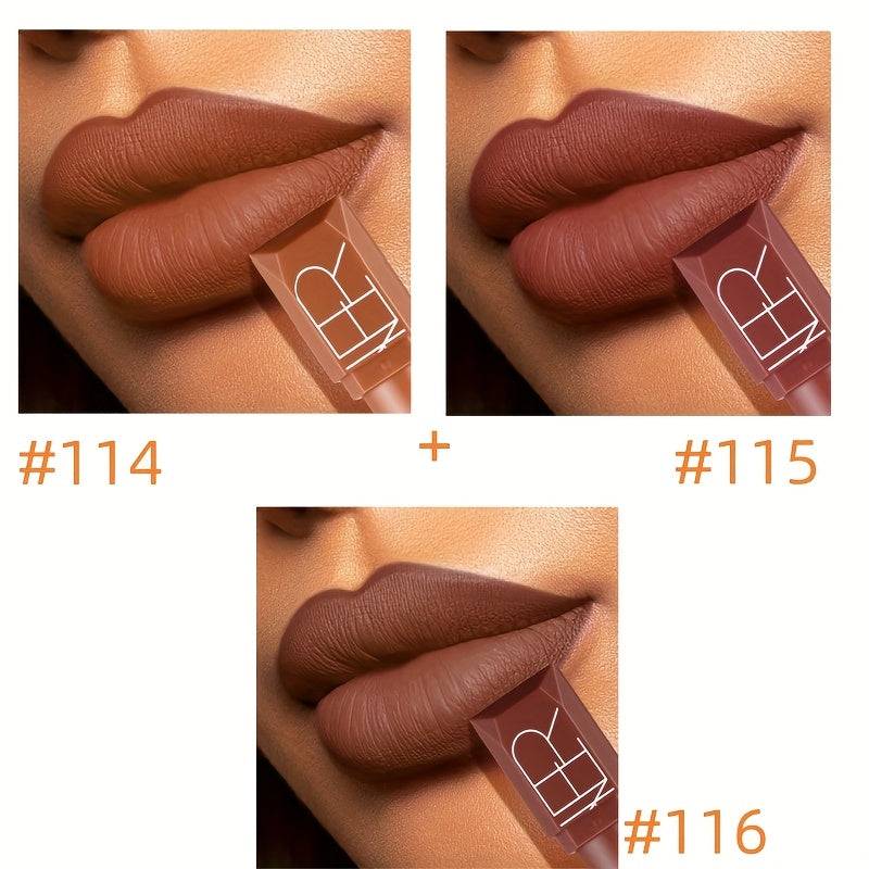 3pcs Velvet Matte Lipstick Set Waterproof Non-Stick Cup Formula with Squalane Long-Lasting Rich Brown, Pink, Purple & Red Shades