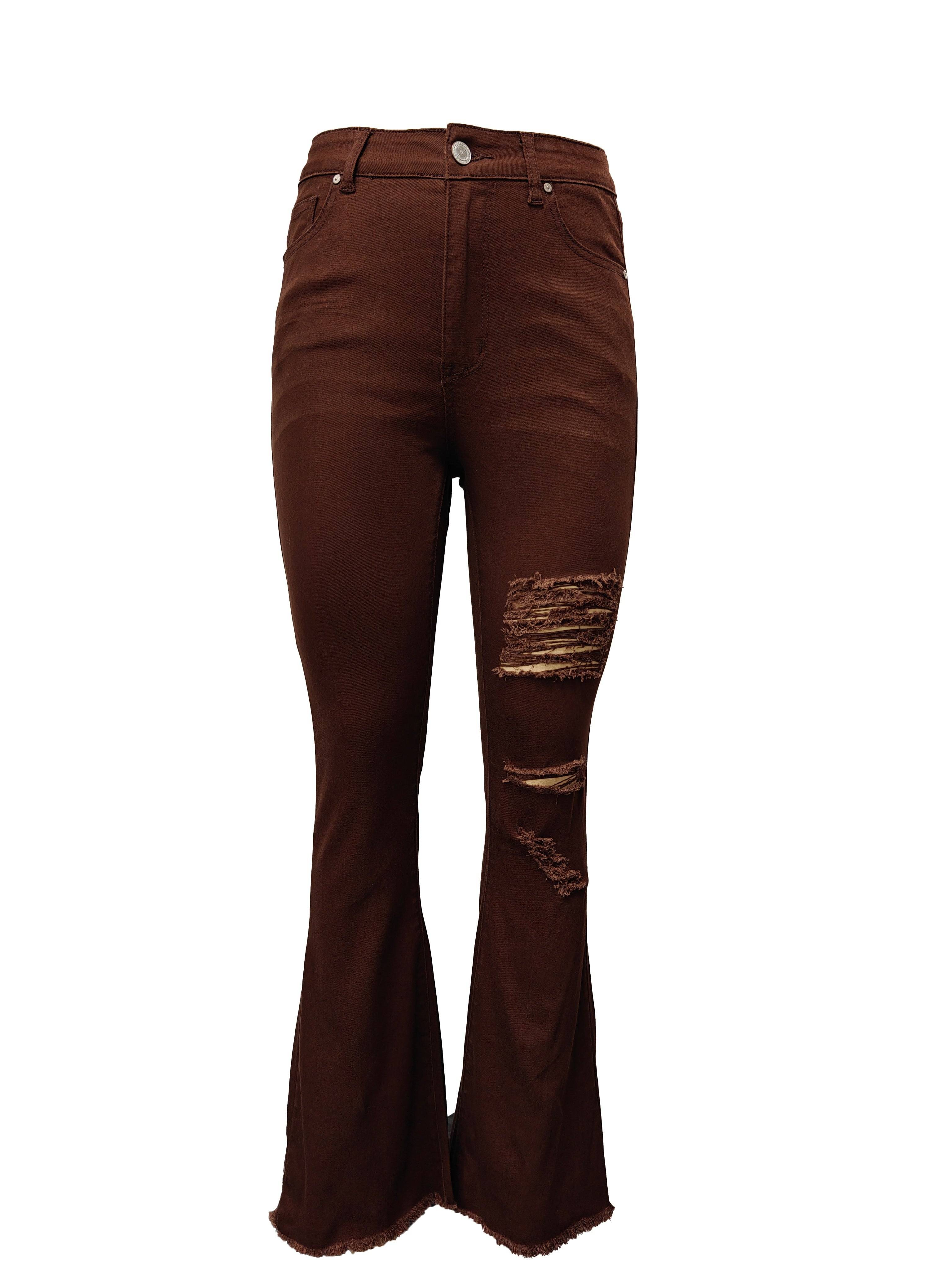 Women’s Boho Flared Jeans High-Waisted Brown Denim with Ripped & Frayed Hem Slim Fit for All Seasons