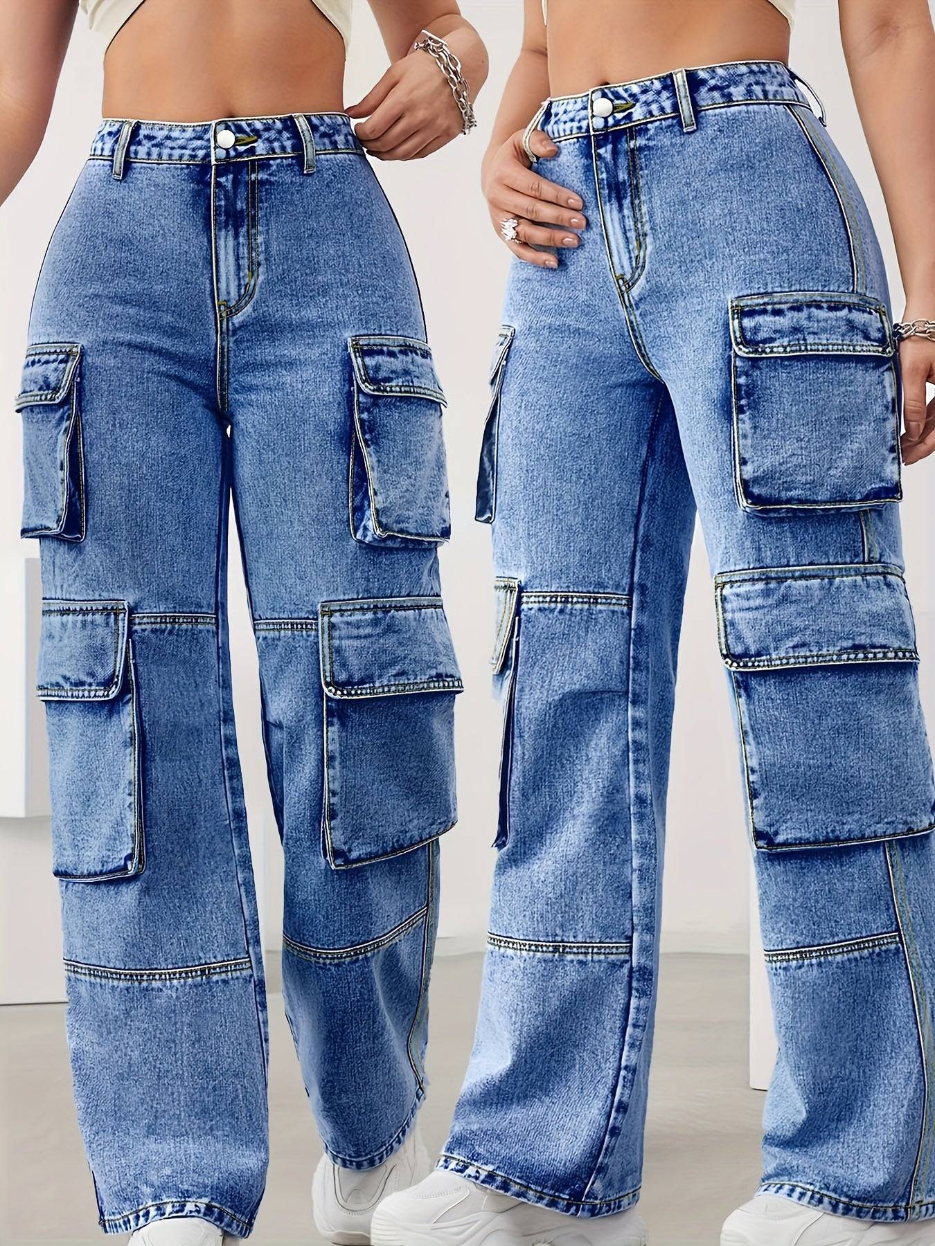 Women’s High-Waist Cargo Jeans Stretchy Wide-Leg Denim with Multiple Pockets in Light Blue