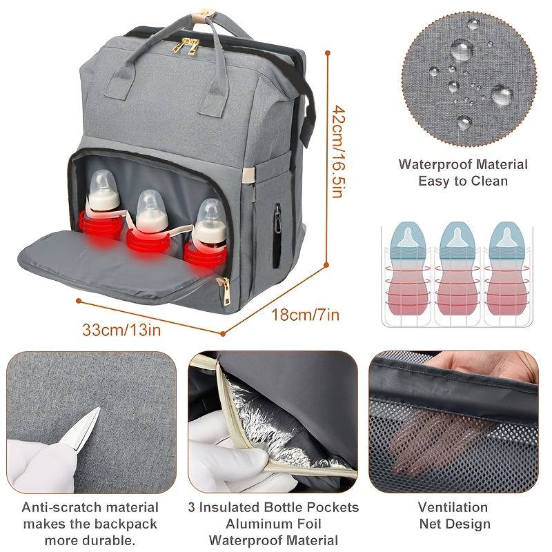 Multifunctional mommy backpack with foldable portable baby crib, double shoulder straps, stroller-friendly and large capacity