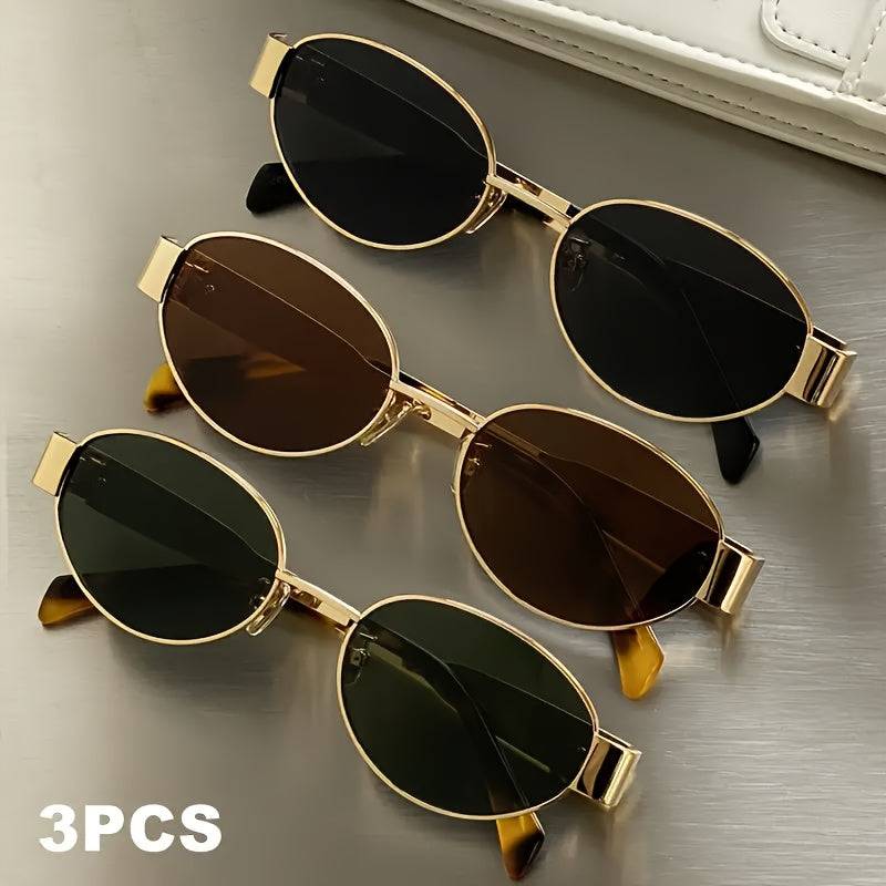 3pcs Metallic Oval Fashion Glasses with Brown Gradient Lenses, Stylish Eyewear Accessory Set