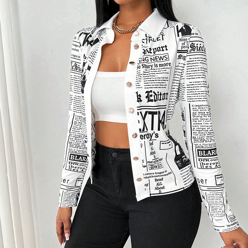 Printed Slim Fit Blouse with Long Sleeves and Single Button