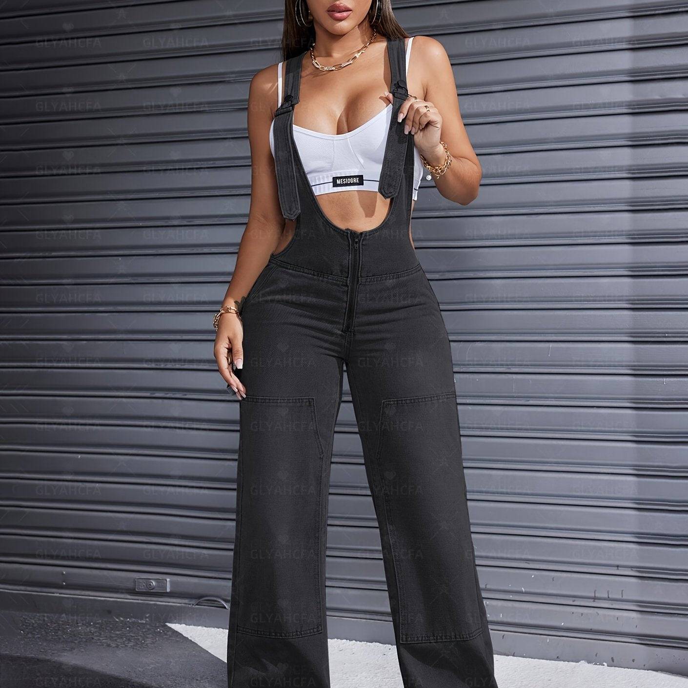 Women’s Denim Jumpsuit Adjustable Straps Loose Fit Wide-Leg Overalls for Summer & Autumn