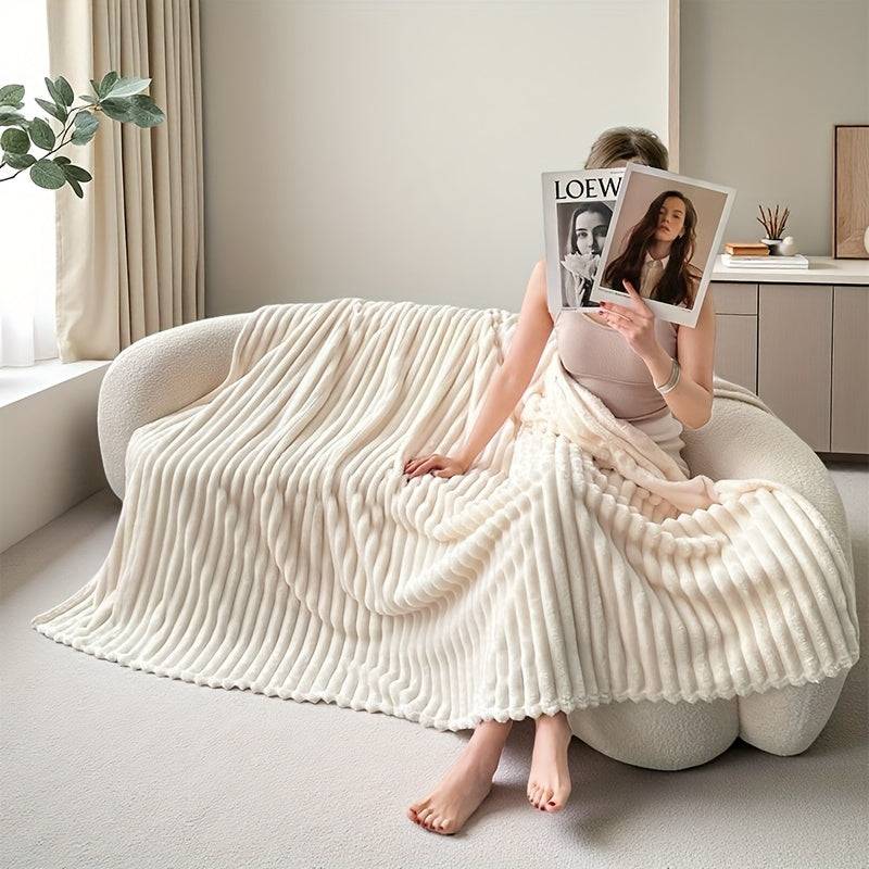 Plush Throw Blanket for 2-Seater Sofas – Ultra-Soft Beige Striped Fleece, All-Season, Elastic Fit for Living Room & Bedroom