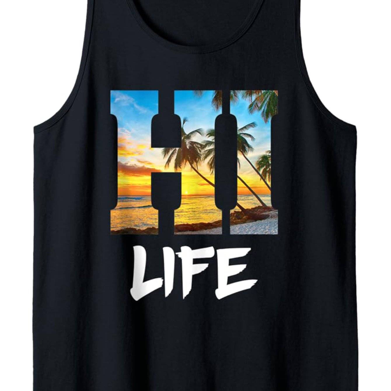 Men’s Sleeveless Tank Top Black Cotton Palm Tree & LIFE Graphic Casual & Sporty Summer Style