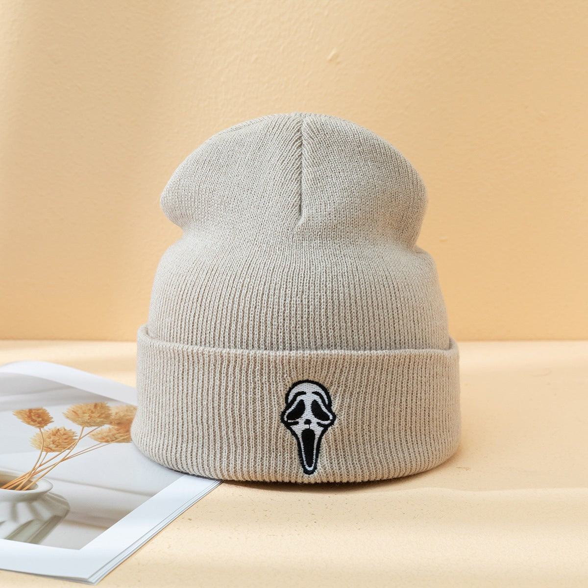 Unisex Knitted Skull Hat Ghost Face Embroidered Acrylic Beanie Autumn Winter Street Style