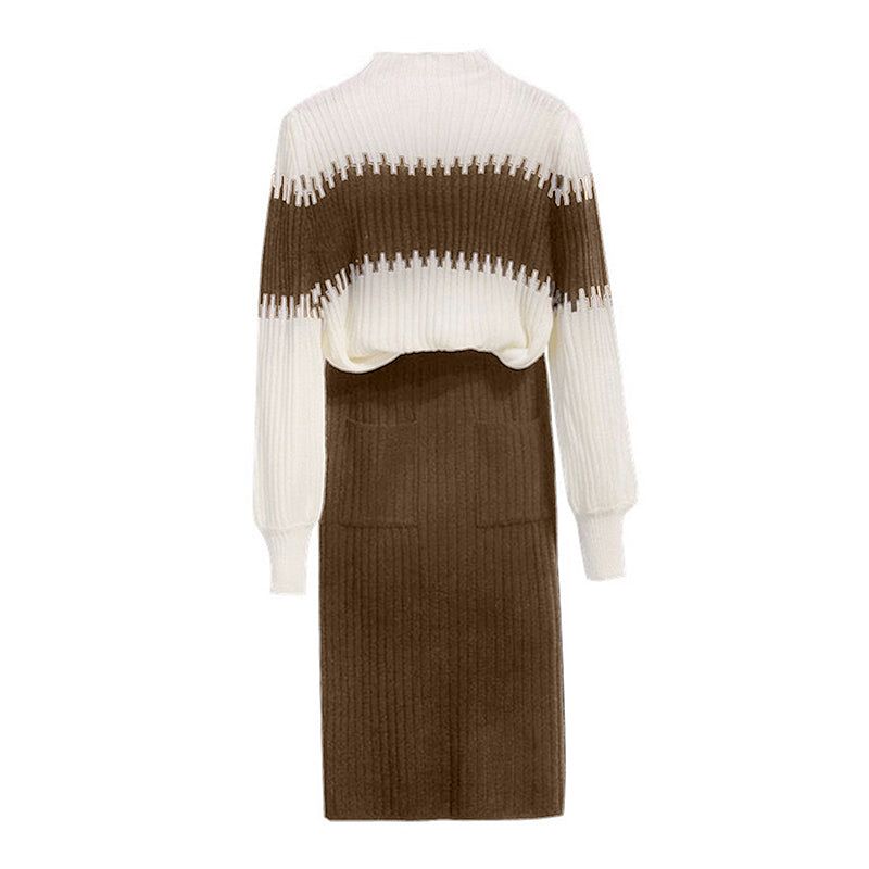 Two Piece Set Knit Color Block Sweater Skirt Winter Formal