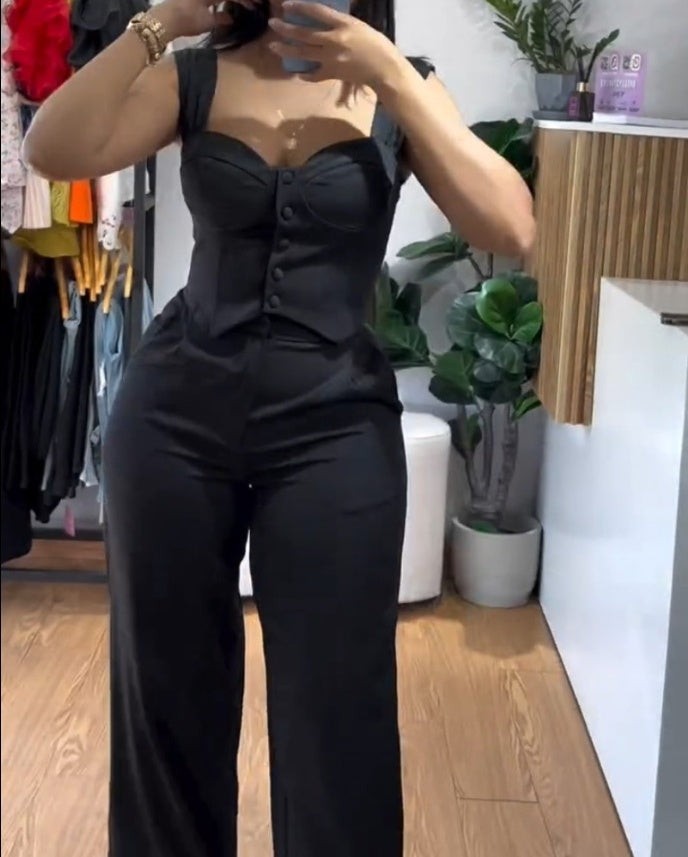 Women’s Two-Piece Vest Suit Apricot Spaghetti Strap Crop Top with High Waist Wide Leg Trousers