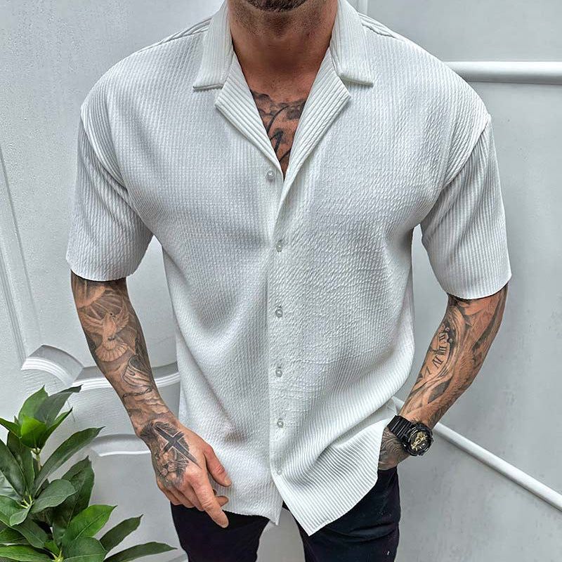 Mens Solid Color Short Sleeve Cardigan Button Casual Shirt