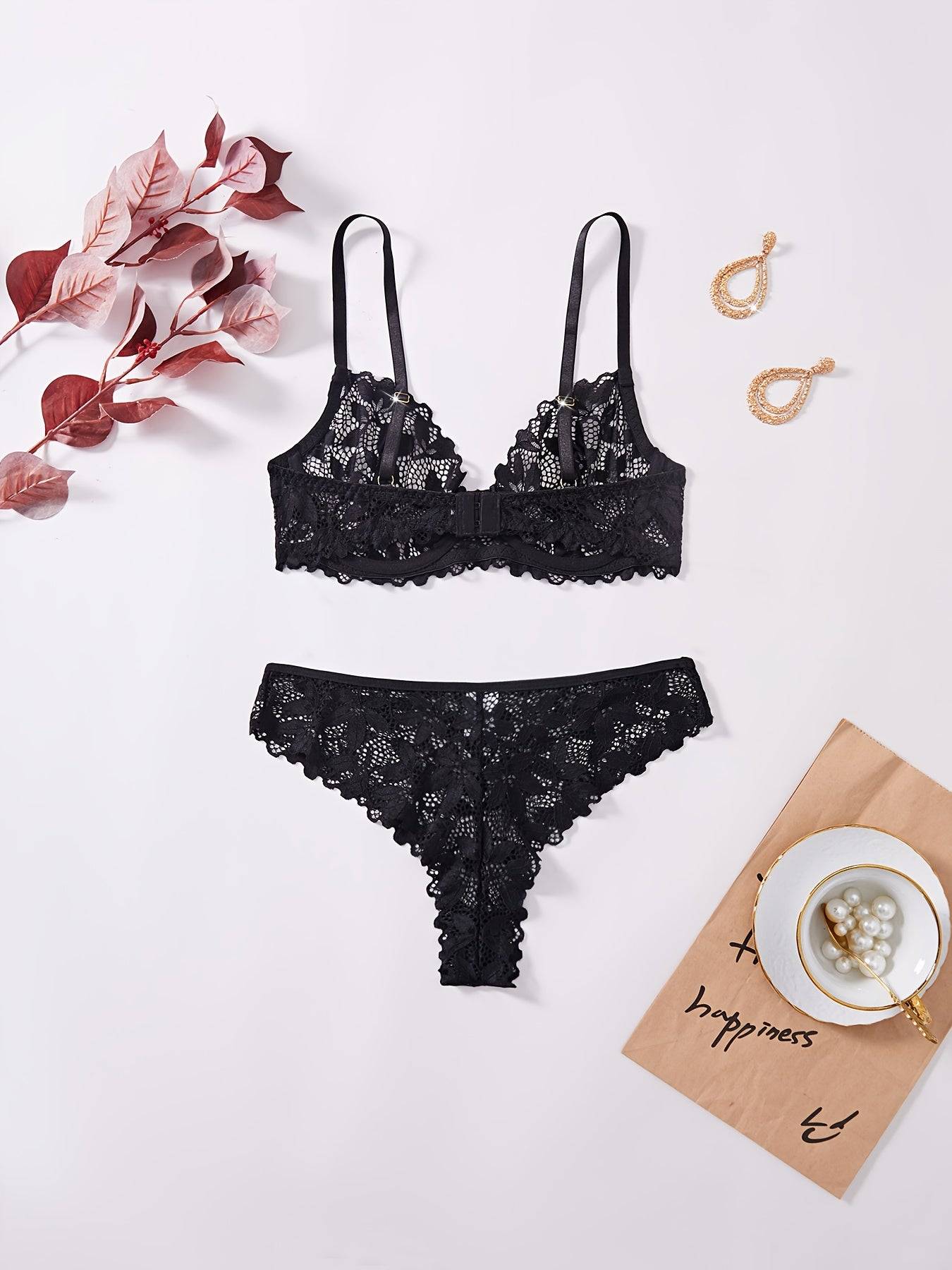 Women's Red Lace Lingerie Set – Delicate Floral Design with Scalloped Edges, Comfortable Matching Set