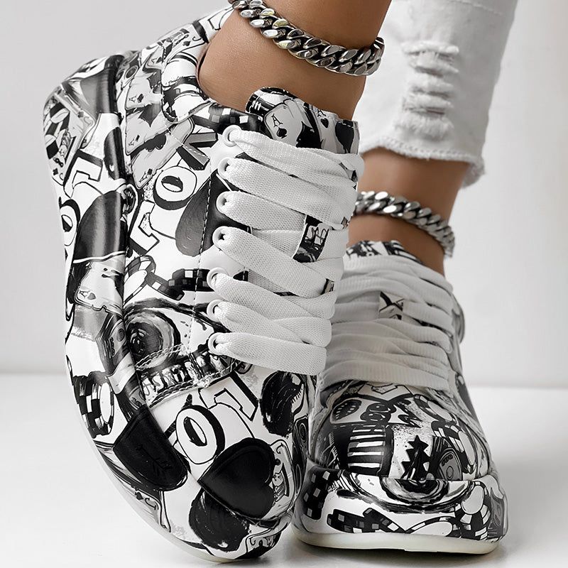 Geometric Print Sneakers With Lace Up Low Top Design