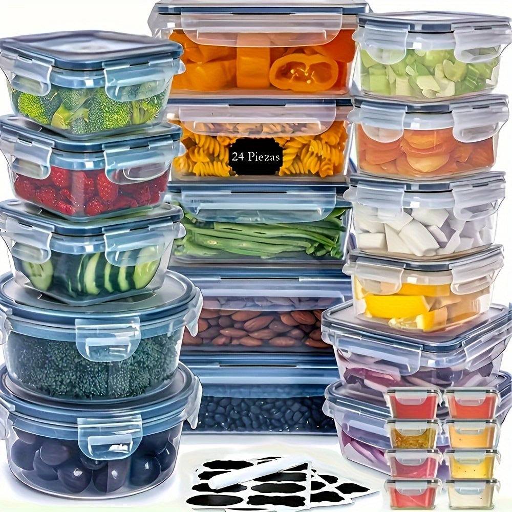 24pcs Kitchen Food Storage Boxes with Labels, Fresh Refrigerator Containers & Lunch Box Set