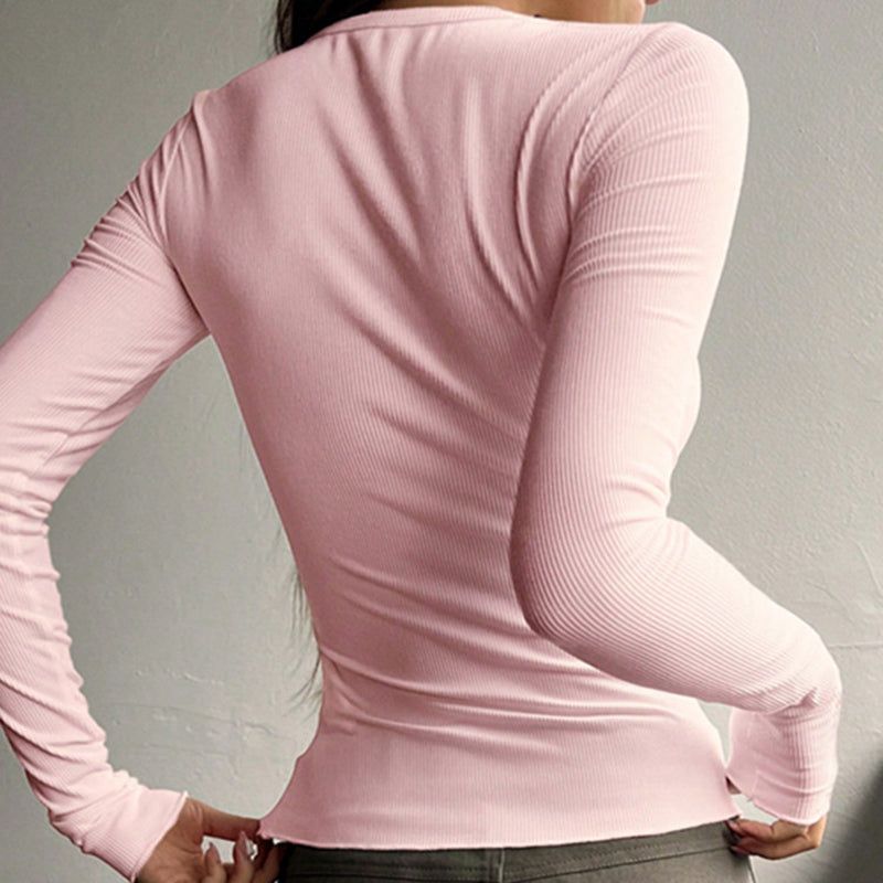 Ribbed Knit Long Sleeve Top With Button Front Design