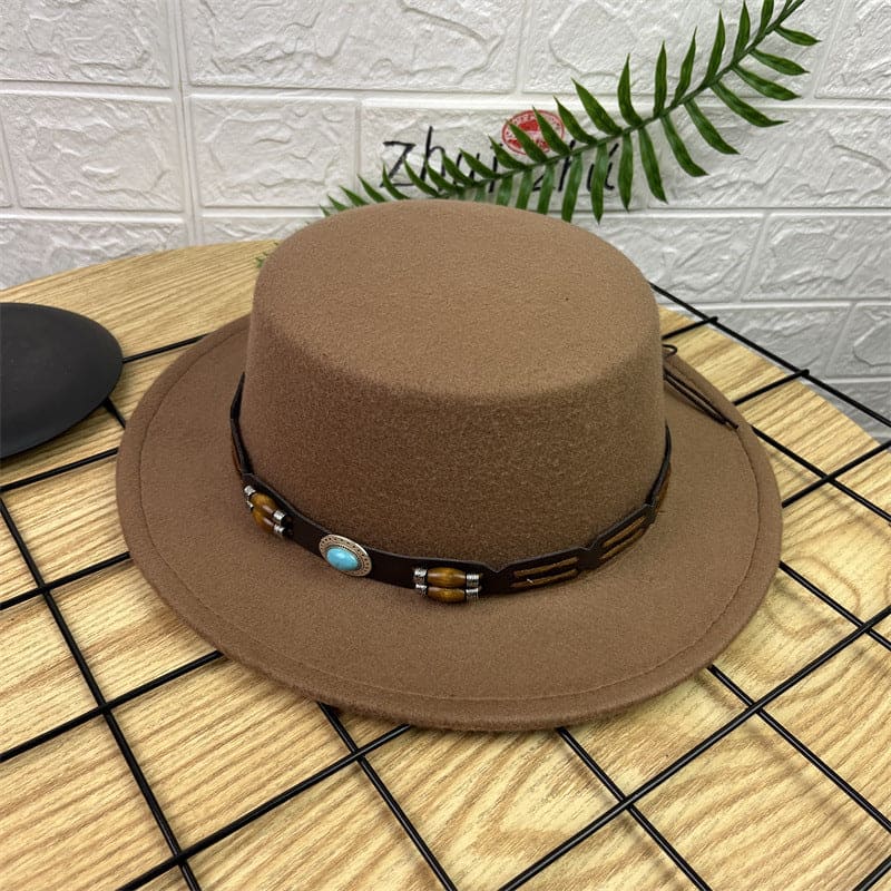 British Retro Woolen Wide Brim Flat Top Hat - PMMNAPOLES