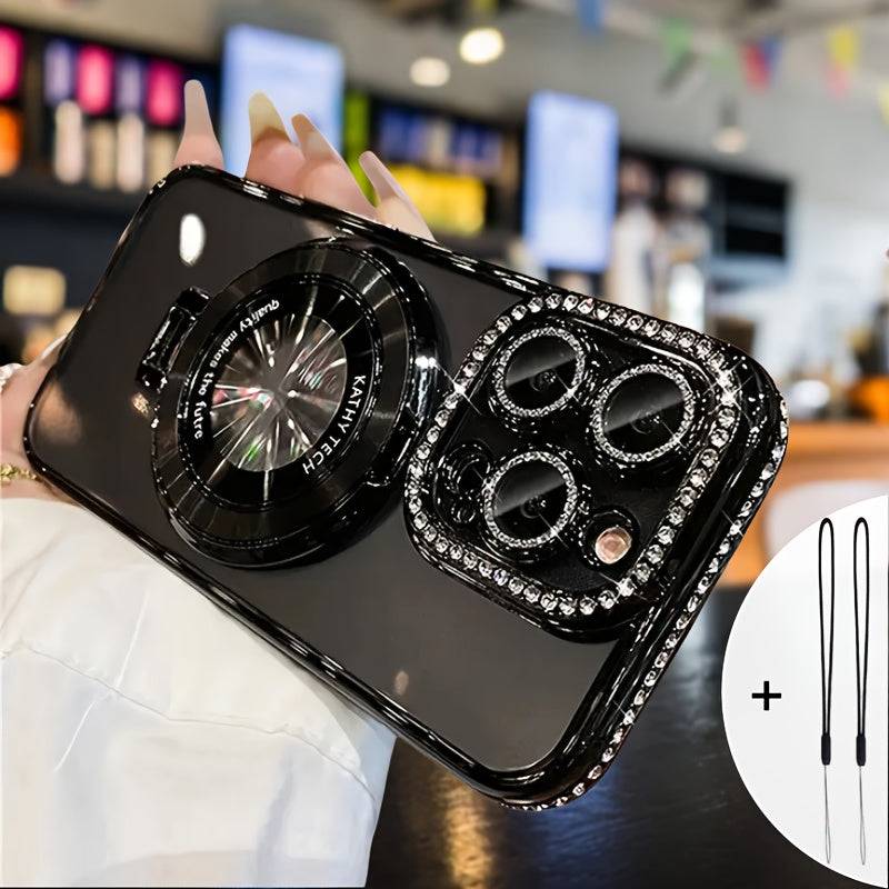Luxury Magnetic iPhone Case with Diamond Frame – Lens Film, Stand Support & Dual Lanyards, Shockproof Cover for iPhone 14 to 16 Plus, Pro & Pro Max