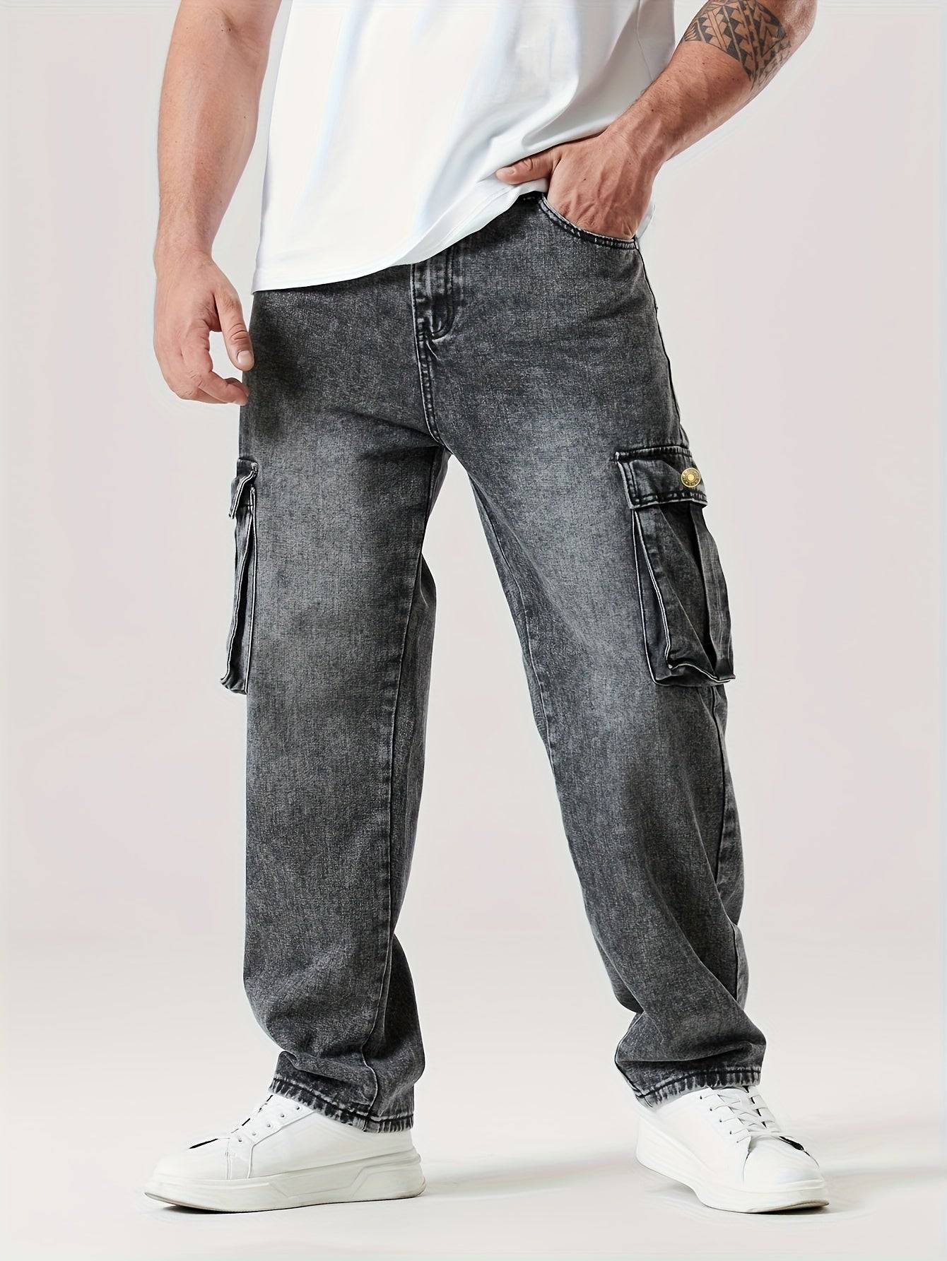 Men’s Casual Straight Cargo Jeans Relaxed Loose Fit, Multi-Pocket Work Style Durable Cotton Blend for All Seasons