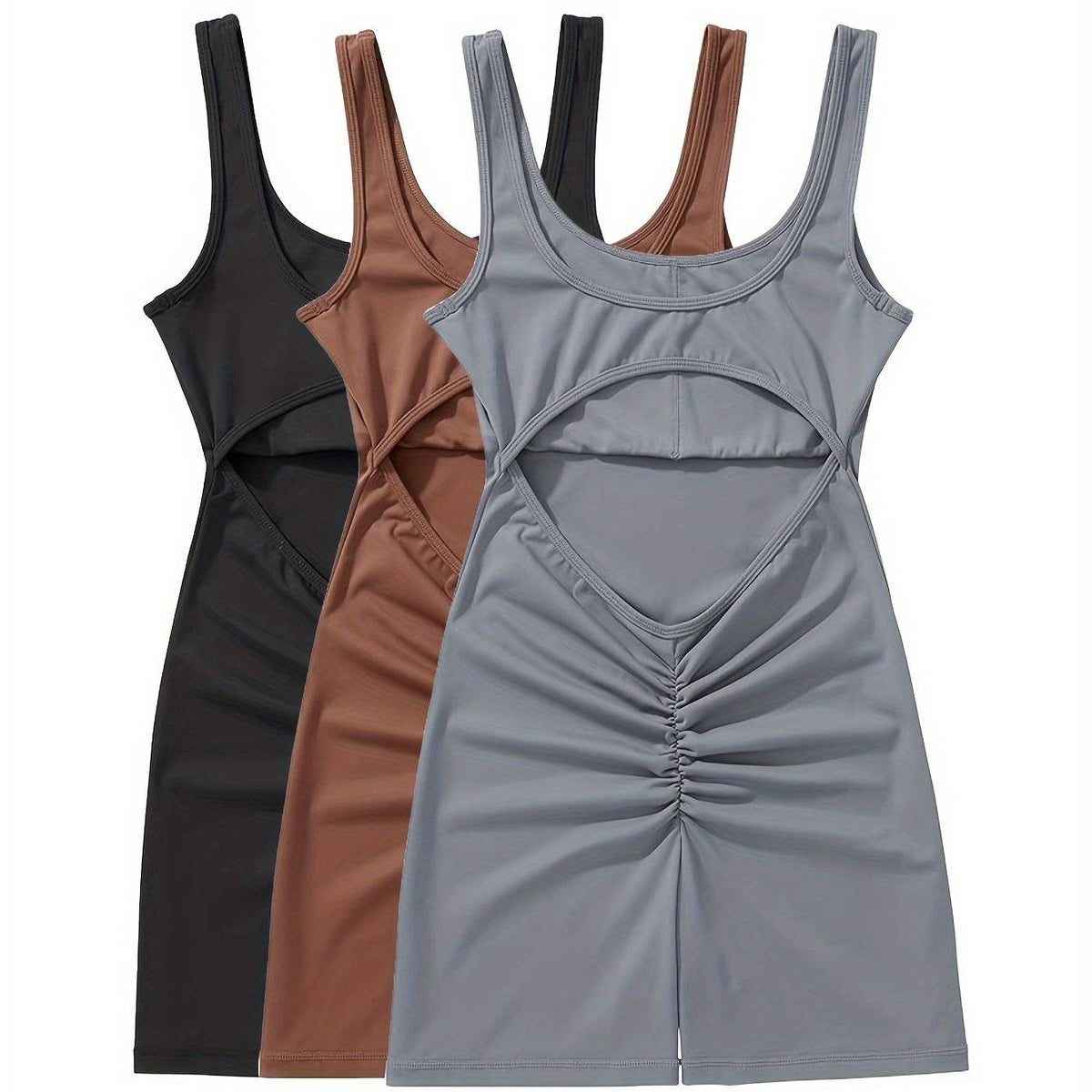 3pcs Women’s One-Piece Workout Jumpsuits, Backless Sleeveless Romper with Tummy Control & V-Back Scrunch for Butt Lifting