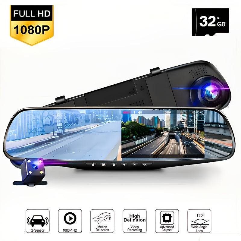 4.3" HD Rearview Mirror Dash Cam 1080P Front & Rear Cameras with Wide-Angle Night Vision Full Touch Screen, 32GB Card & Easy Installation for All Vehicles