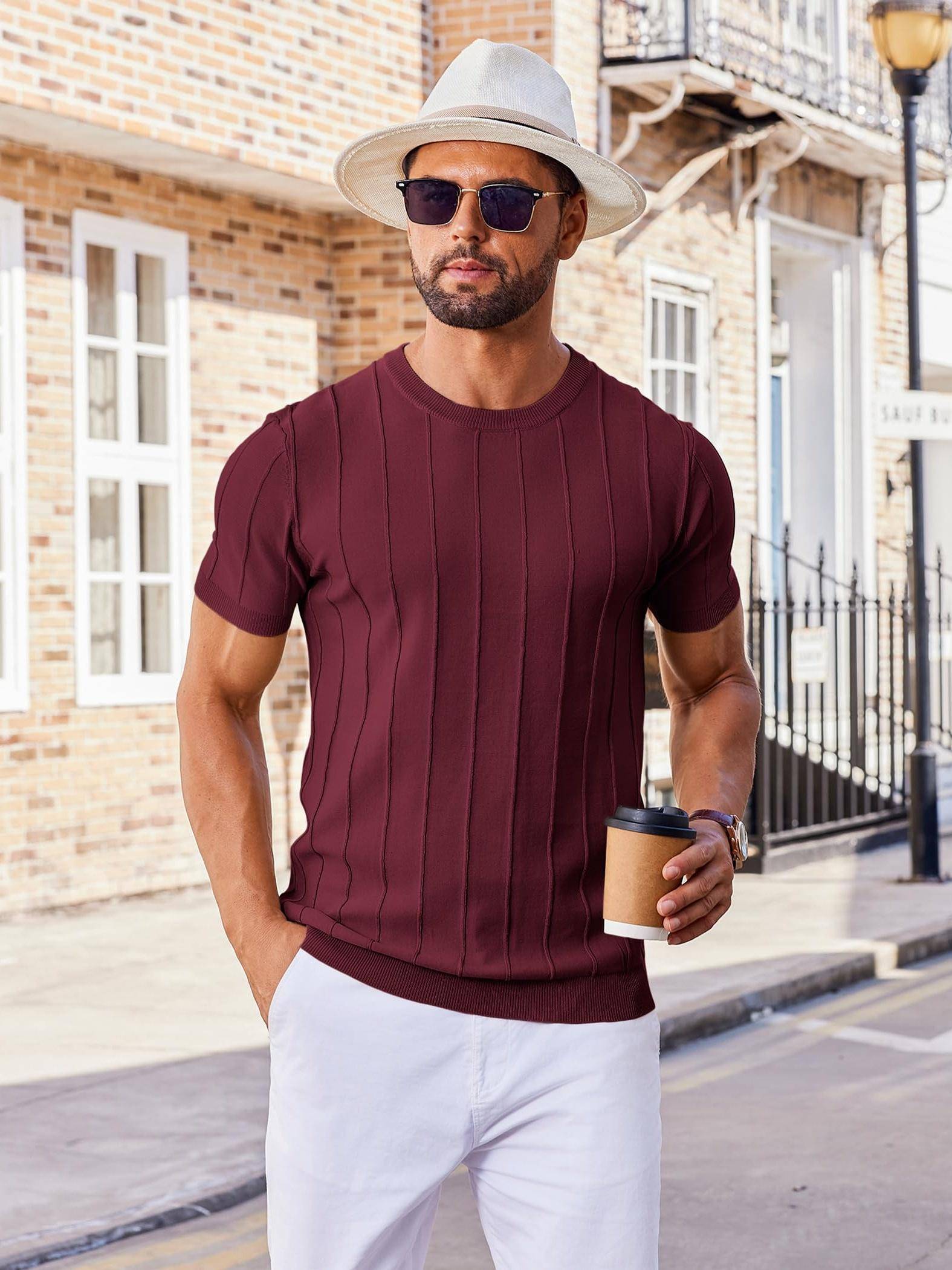 Men’s Casual Crew Neck T-Shirt 100% Viscose Knit Short Sleeve Ribbed Pullover Solid Color Medium Stretch Summer Top