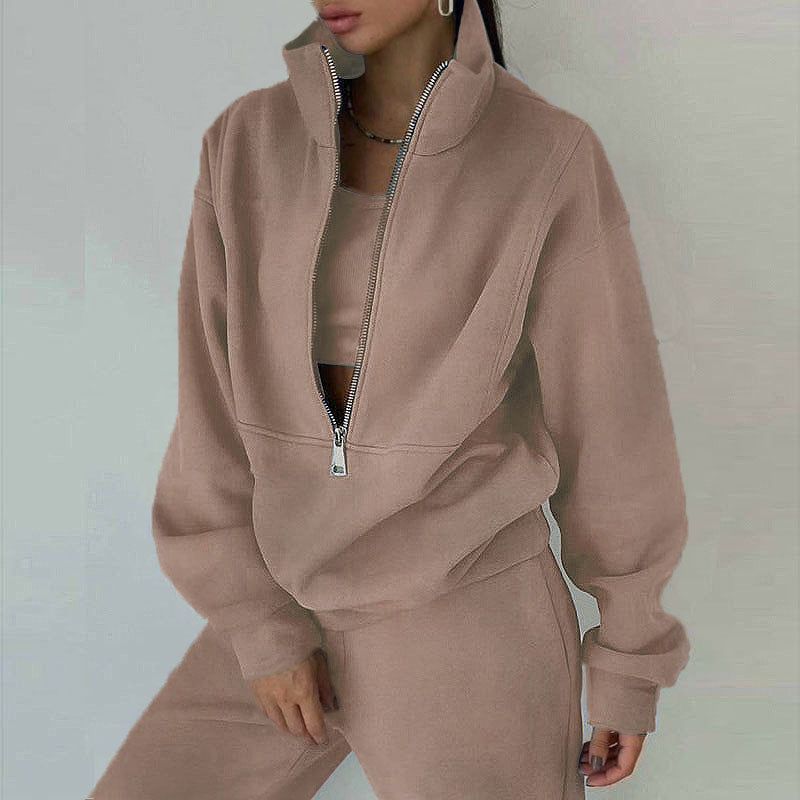 Sporty Two Piece Set with Zip Neck Top and Slim Pants